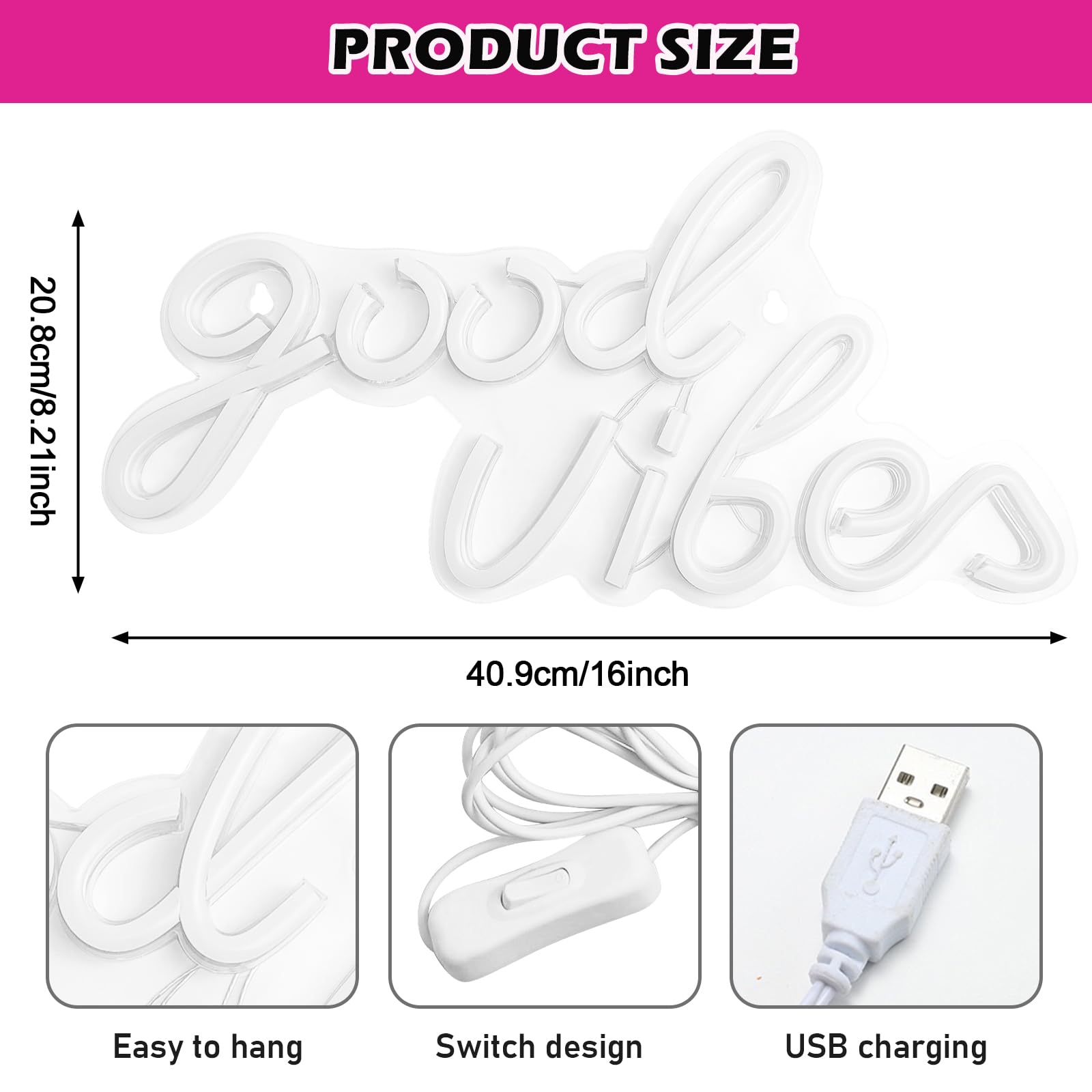Good Vibes - Letrero de neón LED con adaptador de encendido/apagado para decoración de pared, señal de luz de negocios, para bar, salón, cafetería, restaurante, tienda, club, sala de juegos