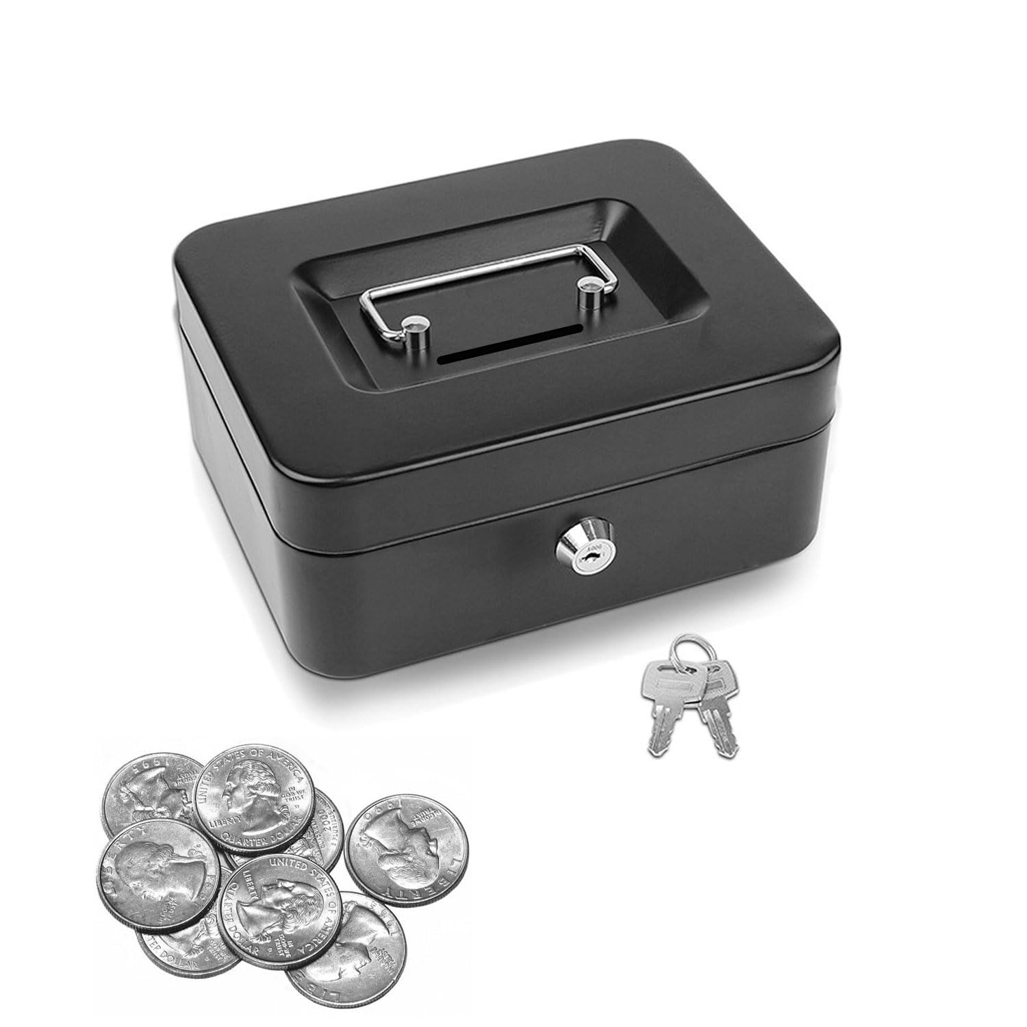Locking Steel Mini Cash Box, Small Safe Lock Box with Portable Handle, Money Bank Without Money Tray, Cash Coin Can for Kids, 4.53" x 3.35" x 2.28" (