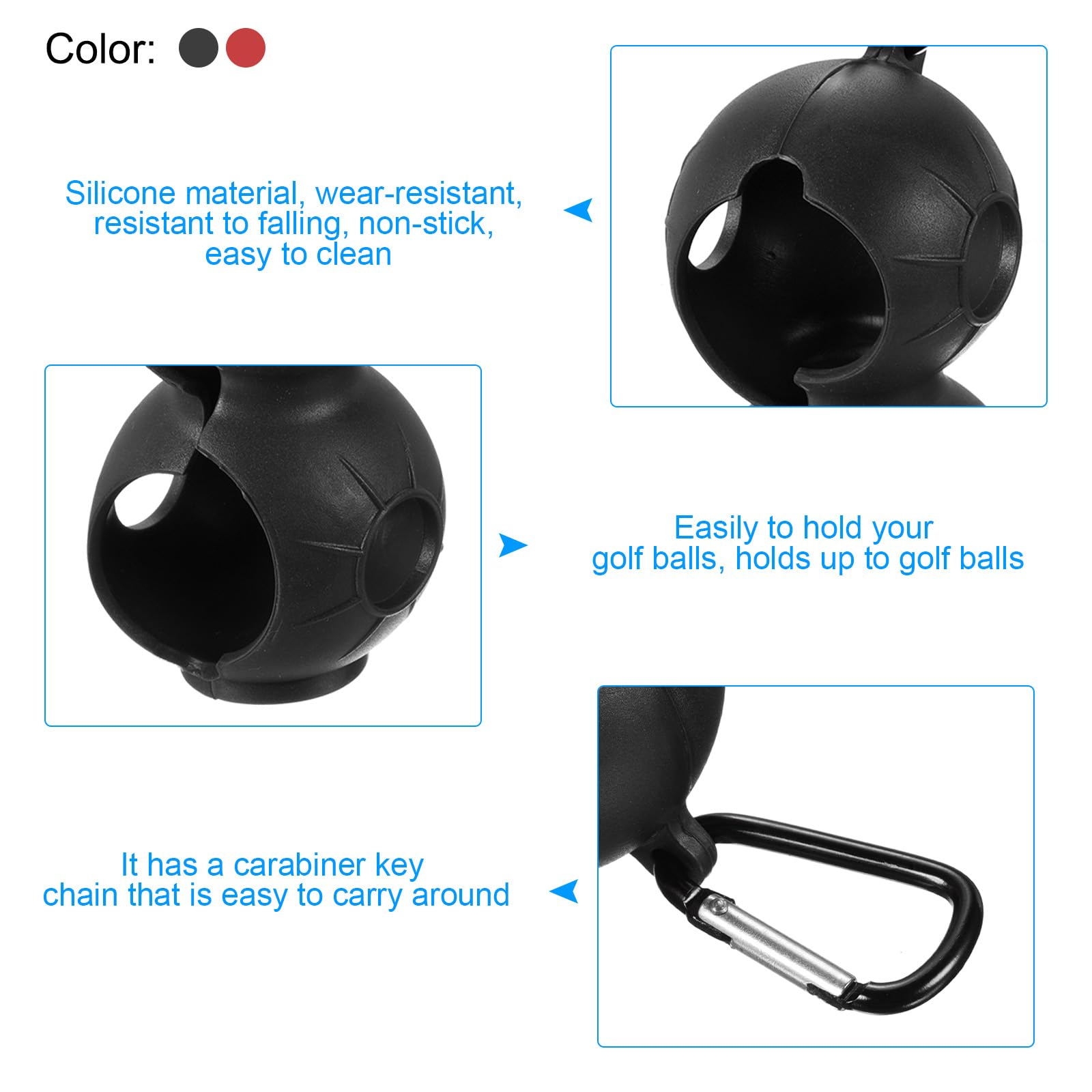 PATIKIL Golf Ball Holder, 4 Pack Silicone 2 Balls Carrier Protective Portable Sleeve with Buckle for Golf Bag Belt Red, Black - Image 3