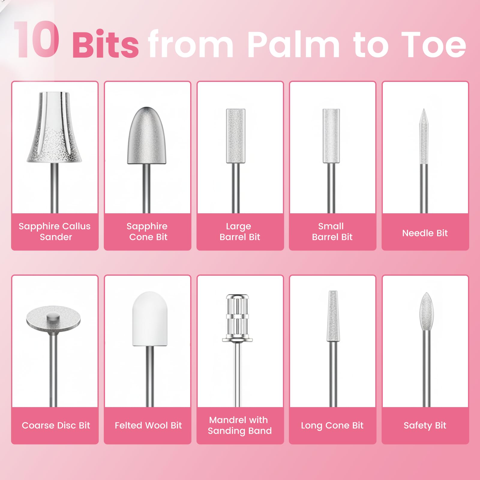 Kit de taladro de uñas, lima eléctrica inalámbrica blanca con 10 velocidades, 10 puntas y luz LED, para uñas acrílicas, eliminación de esmalte de gel y uñas gruesas de los pies, fácil para