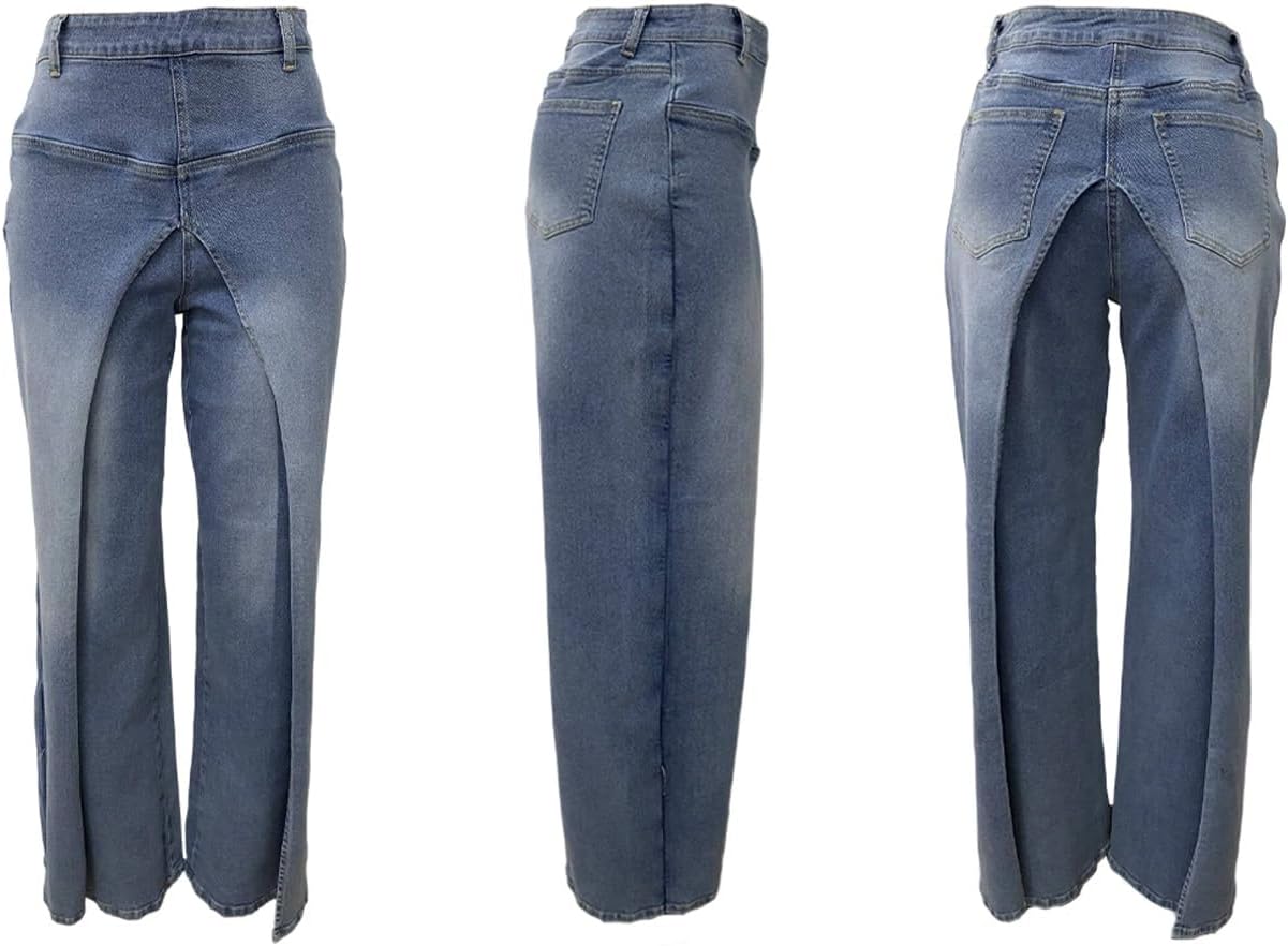 DINGANG Baggy Wide Leg Jeans for Women Y2K High Waisted Patchwork Split Hem Denim Pant - Image 7