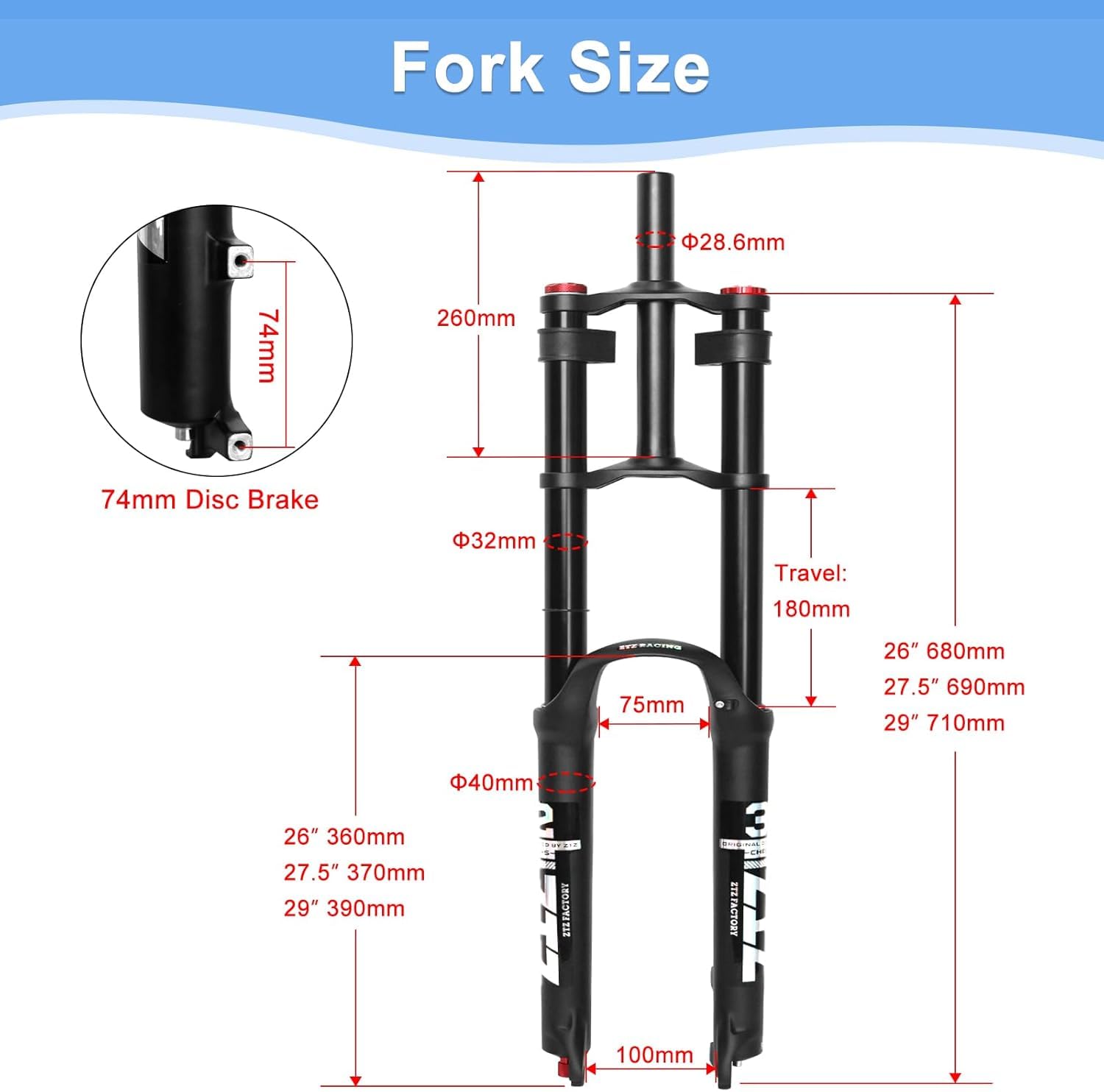 26/27.5/29 inch Mountain Bike Air Suspension Fork,Rebound Adjustment,180mm Travel,QR 9x100mm, 1-1/8 Straight Steerer, Ultralight Double Shoulder Design Front Fork for XC/AM MTB