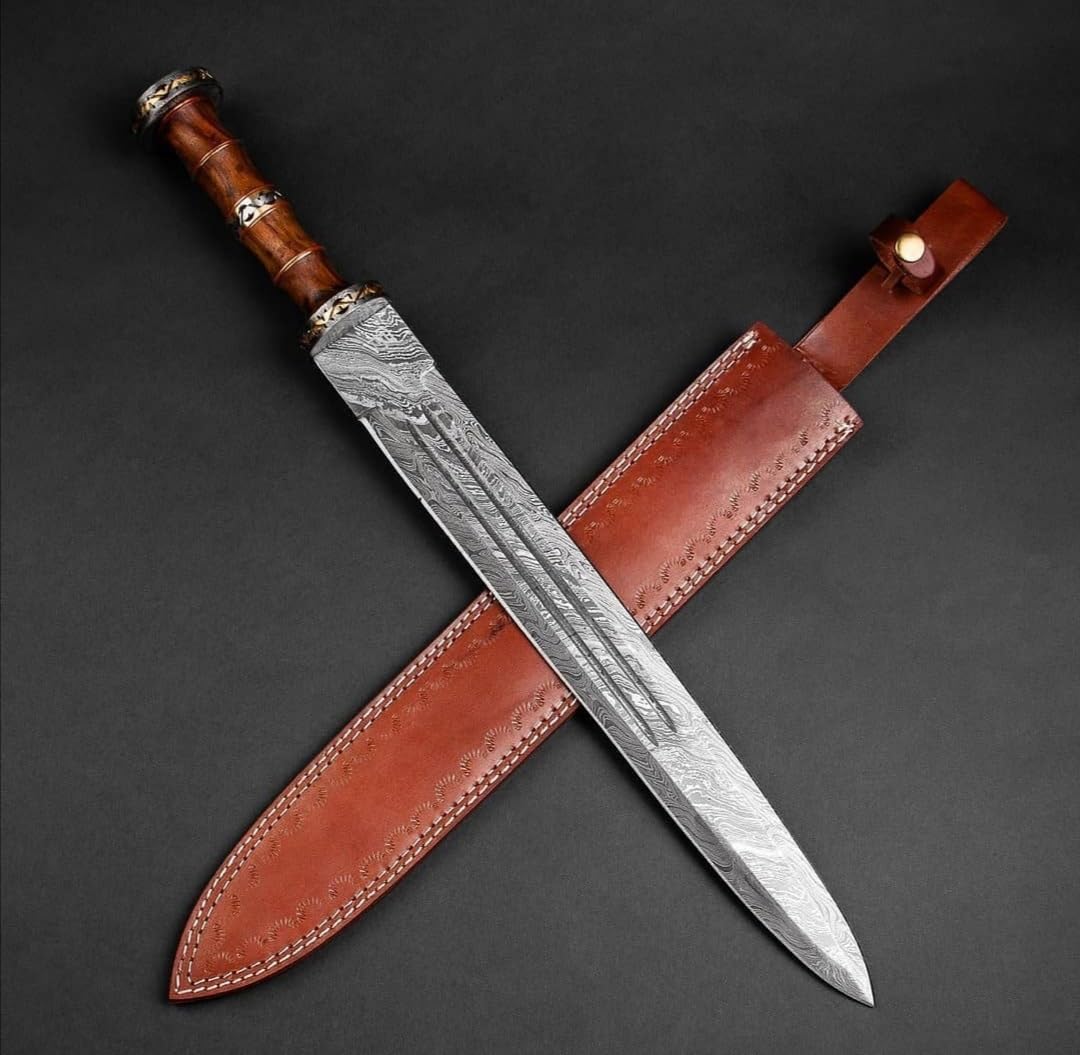 25 Inch Long Double Edge Sharp Hunting Sword Custom Handforged Damascus Steel Survival Sword Rose Wood Grip with Leather Sheath Combat Sword by Empire Industry