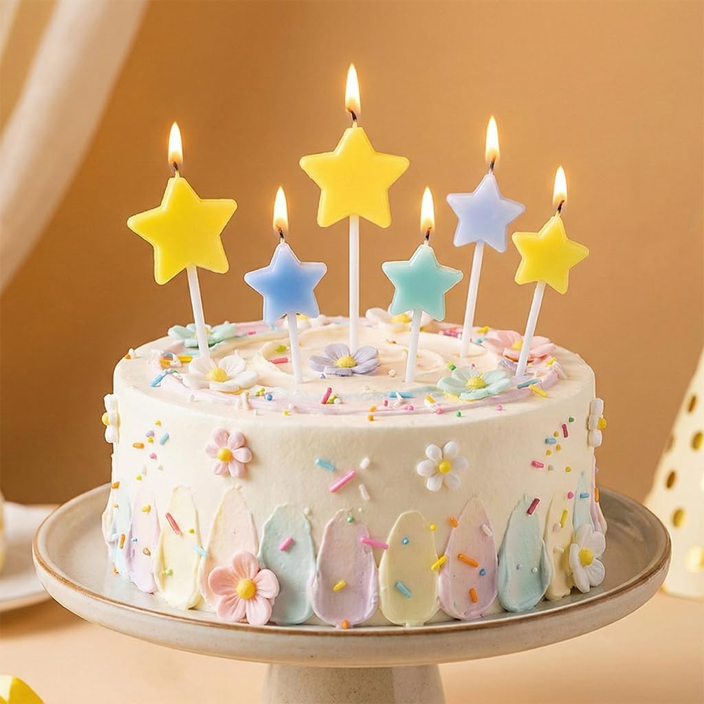 Macaron Star Birthday Candles, Colorful Star Shaped Cake Candles, 3 Large 3 Small, Birthday Cake Cupcake Party Decorations, 6 Pack