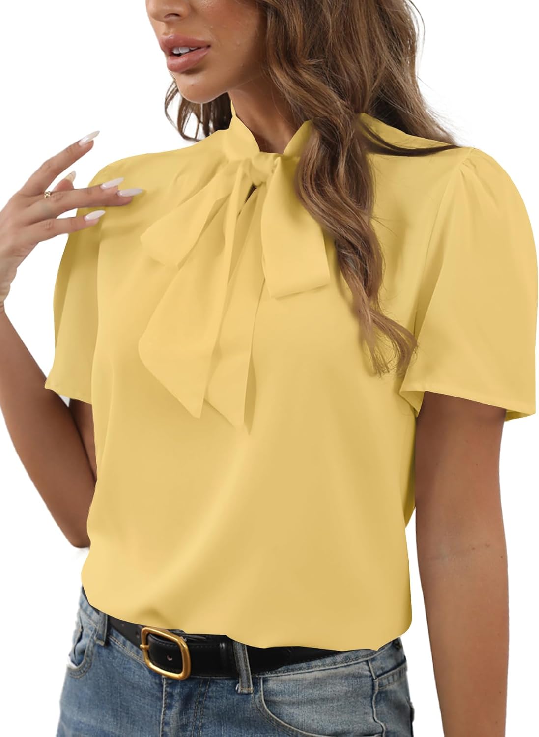 Rooscier Women's Bow Tie Knot Mock Neck Short Sleeve Elegant Workwear Blouse Shirt Top - Image 4