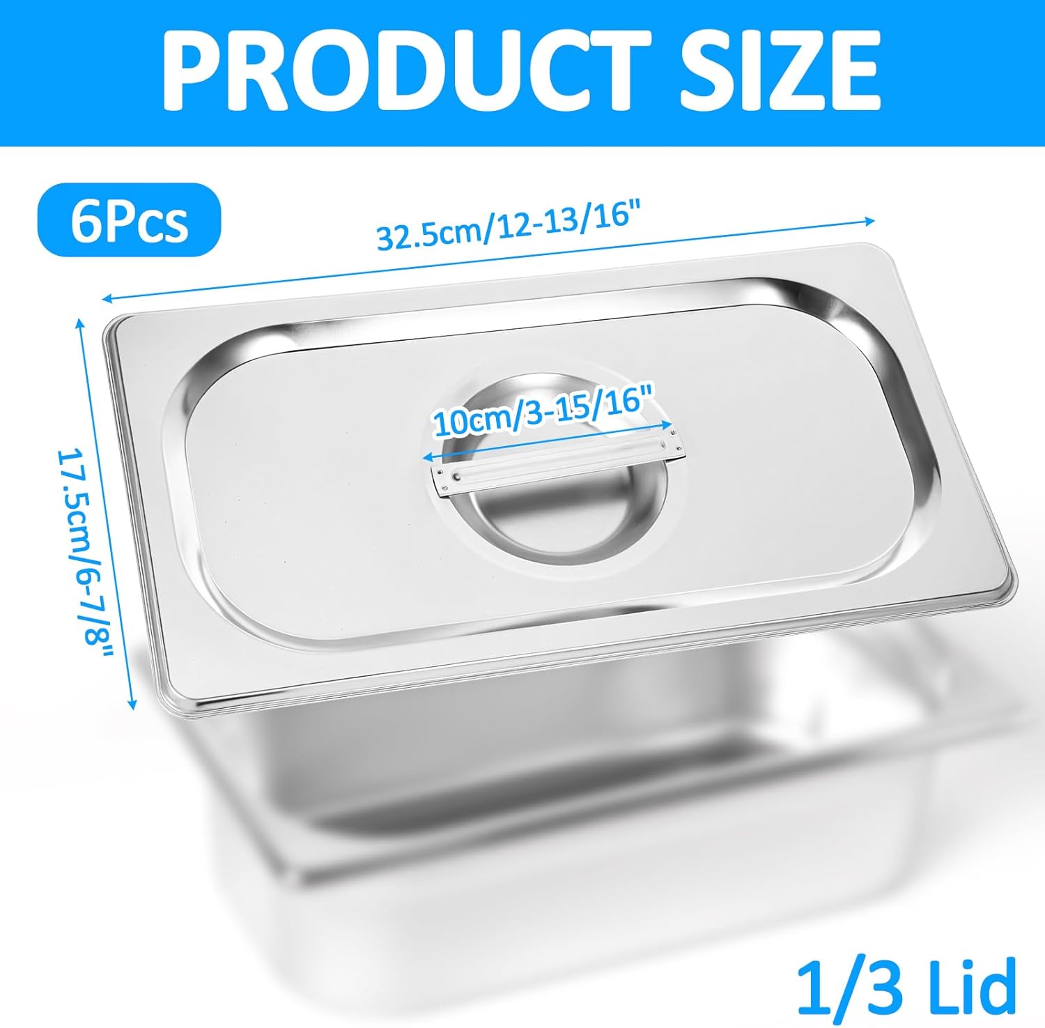 6 Pack 1/3 Size Hotel Pan Cover, Steam Table Lids With Handle, Stainless Steel Steam Table Pan Cover, Solid Pan Lid For Steam Food Pan, For Restaurant Catering - Image 2