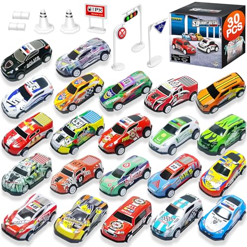 TOYABI Toy Cars for Kids 22Pcs Metal Race Car Set with 8 Roadblock Mini Pull Back Playset Christmas Birthday Party Gifts Micro Machines Vehicles Toys for 3 4 5 6 7 8 Year Old Boys & Girls