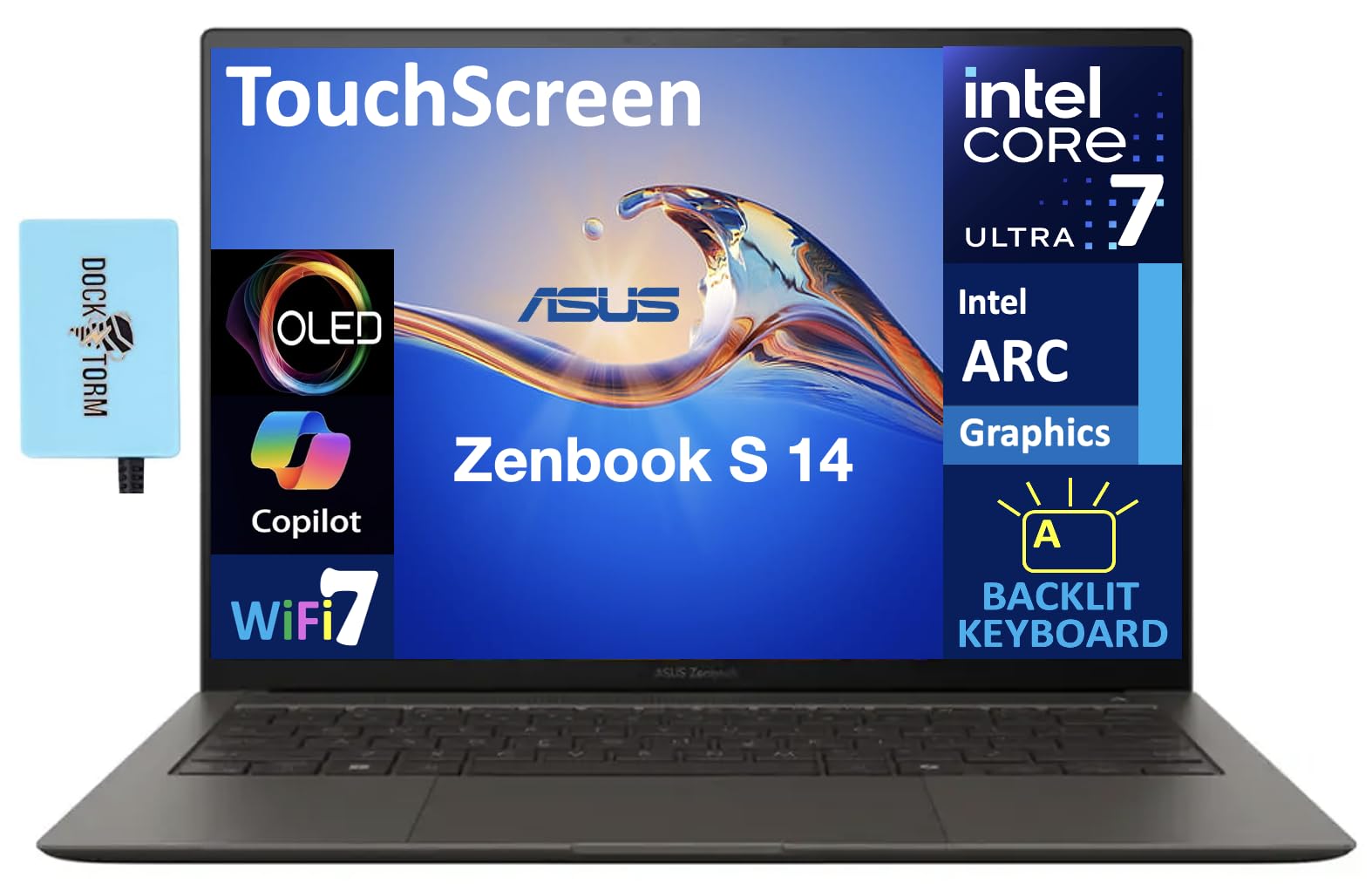 ASUS Zenbook S 14 AI PC Laptop 14.0" Touchscreen OLED 2.8K Display (Intel Ultra 7-258V, 32GB LPDDR5X, 1TB PCIe SSD, Intel Arc, Backlit KB, 2 Thunderbolt 4, WiFi 7, Win 11 Pro) w/DKZ USB Port Expander