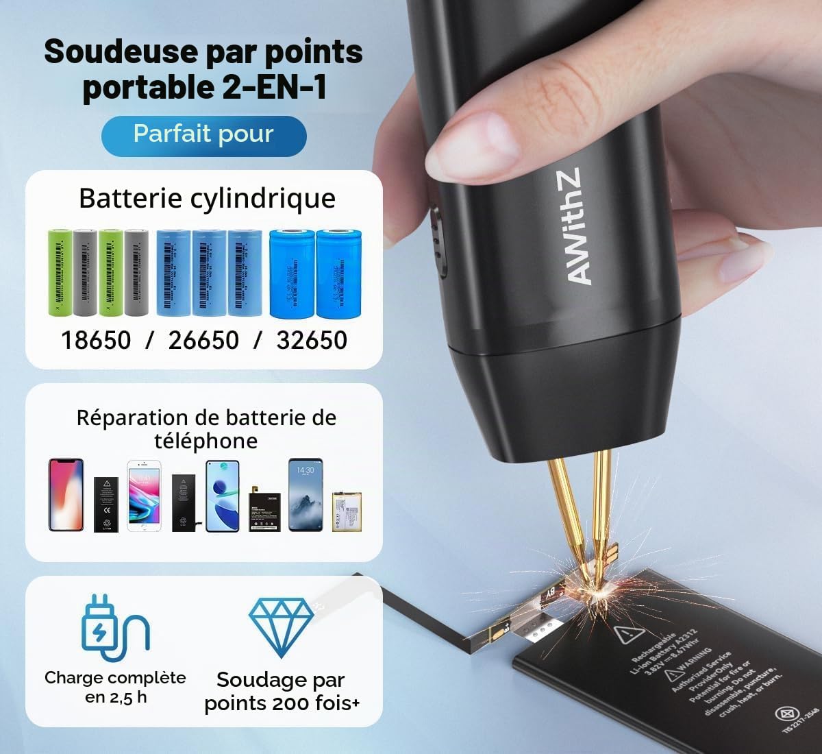 Soudeuse par points portative H2 pour batteries 18650 avec écran LCD de 1,5 pouce, 99 niveaux réglables, modes automatique/manuel, interface utilisateur en 7 langues
