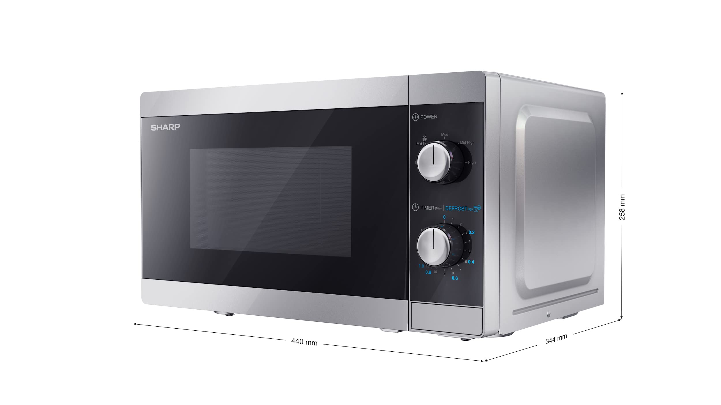 SHARP MS01E Mikrowelle (Mikrowelle: 800W, 5 Leistungsstufen, Auftaufunktion, Abmessungen: 440x258x344cm), silber | 800W, 5 Leistungsstufen, Drehregler, Drehteller