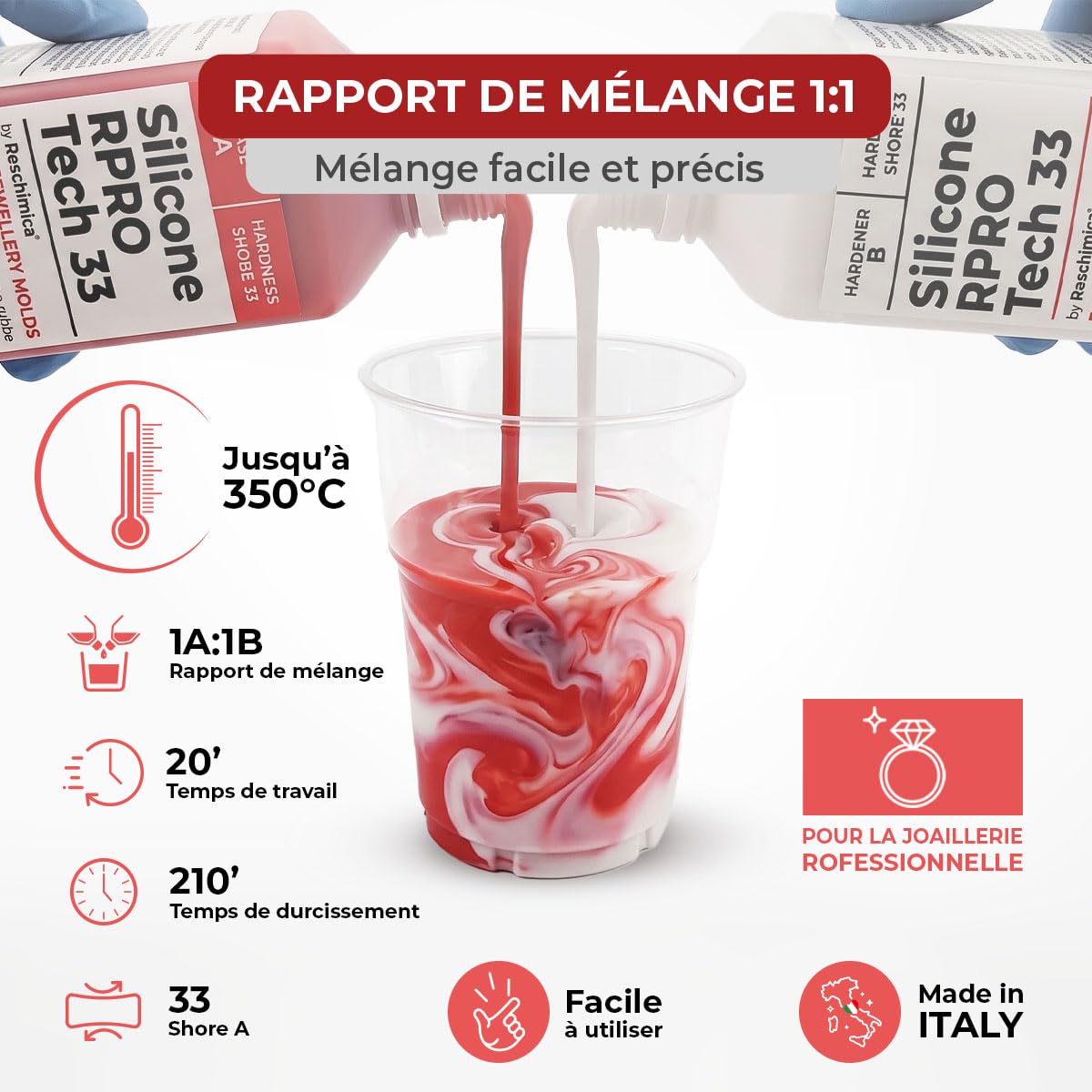 Caoutchouc de Silicone Rouge Liquide pour Moulage 1:1 R PRO TECH 33 (1 kg) | 100% Sûr et Non Toxique avec Catalyseur au Platine
