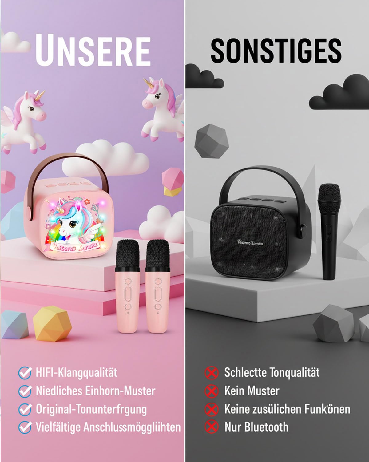 Einhorn Karaoke Maschine mit 2 Bluetooth Mikrofon Kinder, Einhorn Geschenke für Mädchen 3-13 Jahre, Tragbarer Karaoke Drahtlosen Mikrofon mit LED-Lichtern, Mädchen Geschenk Microphone