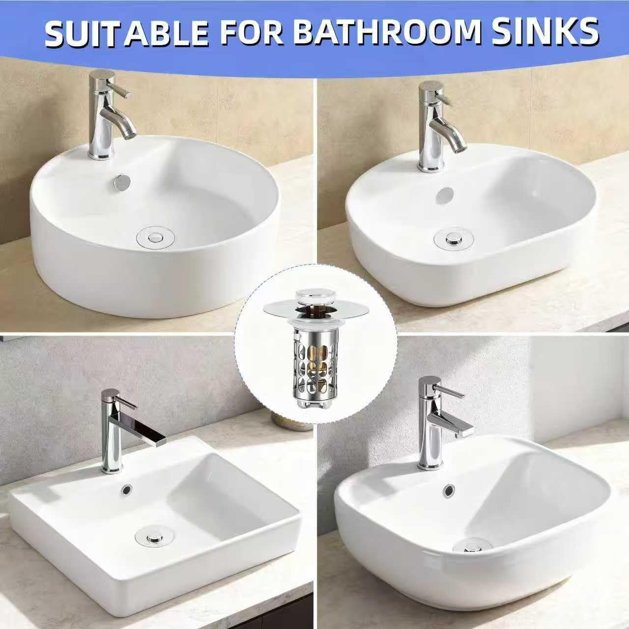 Tapón de lavabo 3 en 1 con función desplegable, colador de desagüe y atrapa el pelo, acero inoxidable para orificio de drenaje de 30-44 mm, tapón de drenaje para lavabo de baño, antiobstrucción