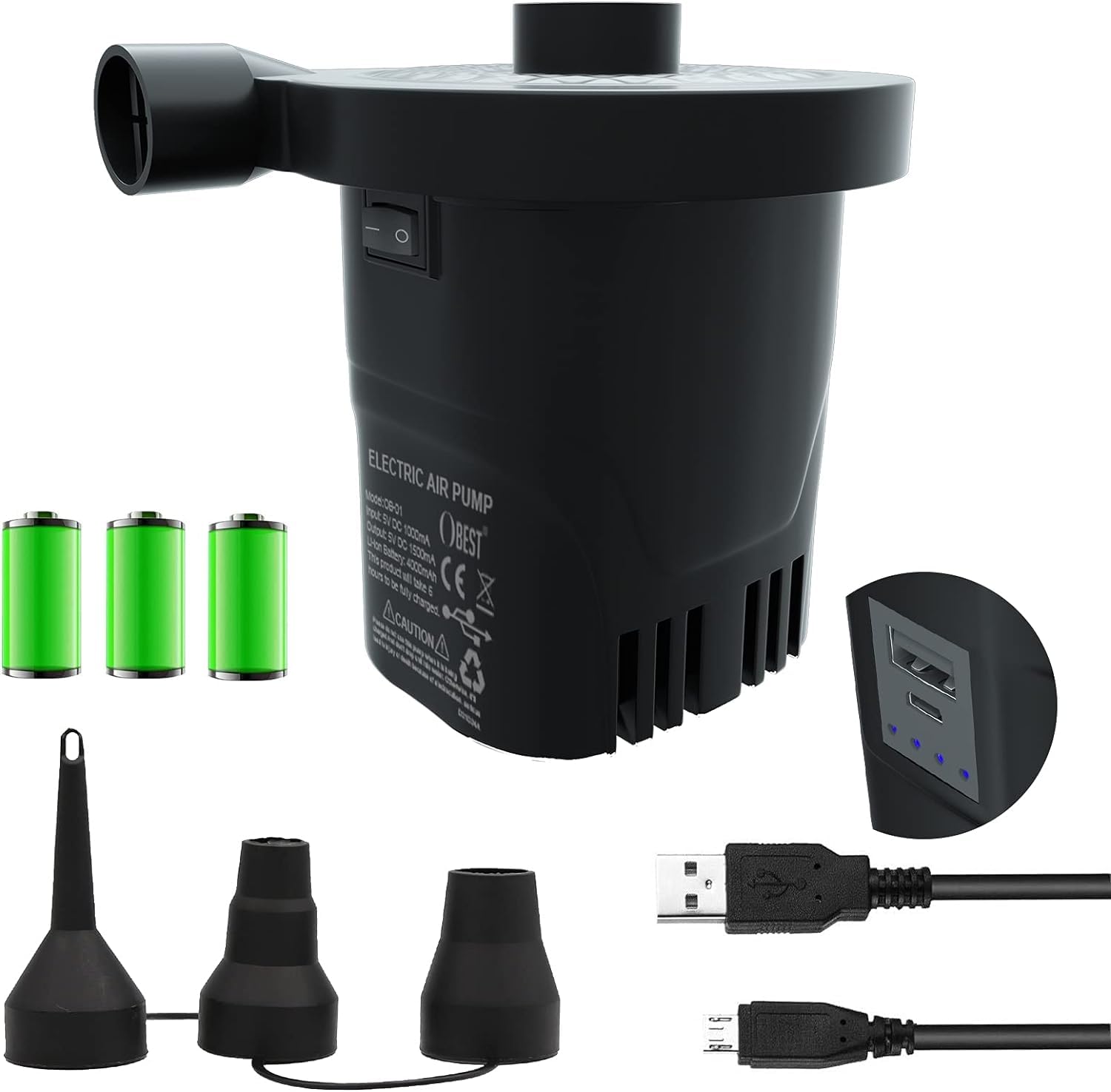 OBEST Pompa Elettrica Ricaricabile, Mini Pompe Aria Elettriche USB Portatile, 3 Ugelli Pompa Elettrica 4000 mAH Viene Utilizzata per Materasso/Piscina con Pompa ad Aria/Molo all'aperto/Gommone