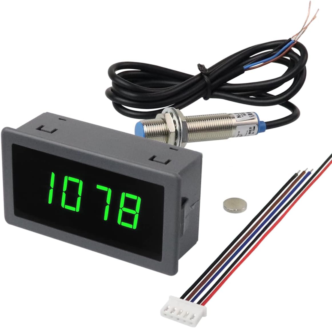 4 Digital Green LED Tachometer RPM Gauge Speed Meter with Hall Magnet Sensor NPN-NO Switch for Lathe Conveyor Belt