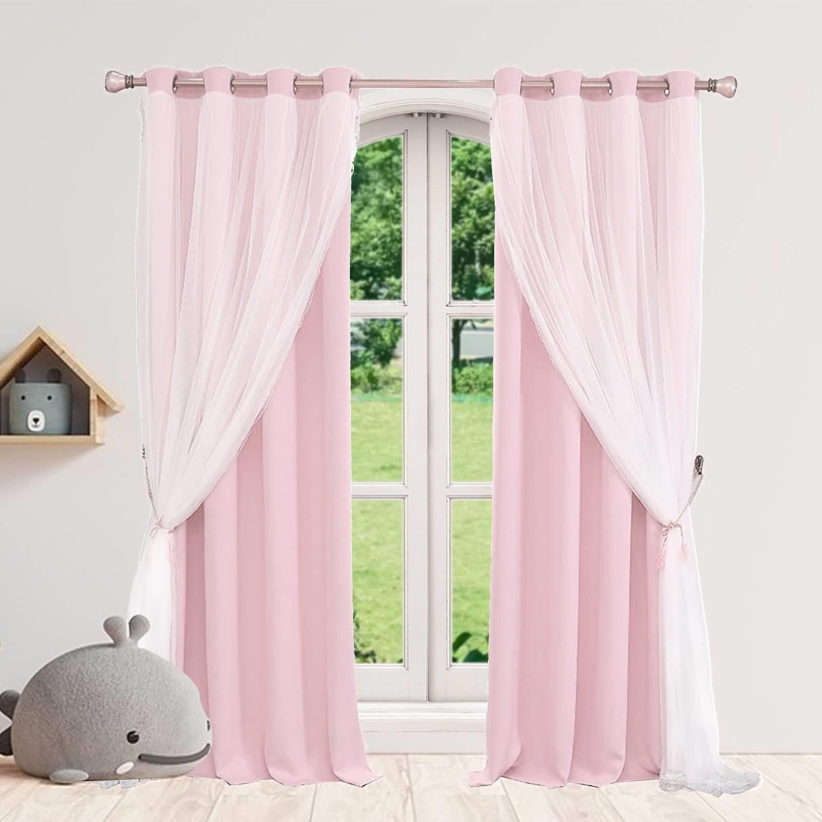 Rideaux oeillets 132x213 rose et dentelle blanche rideau occultant salon et chambre double couche