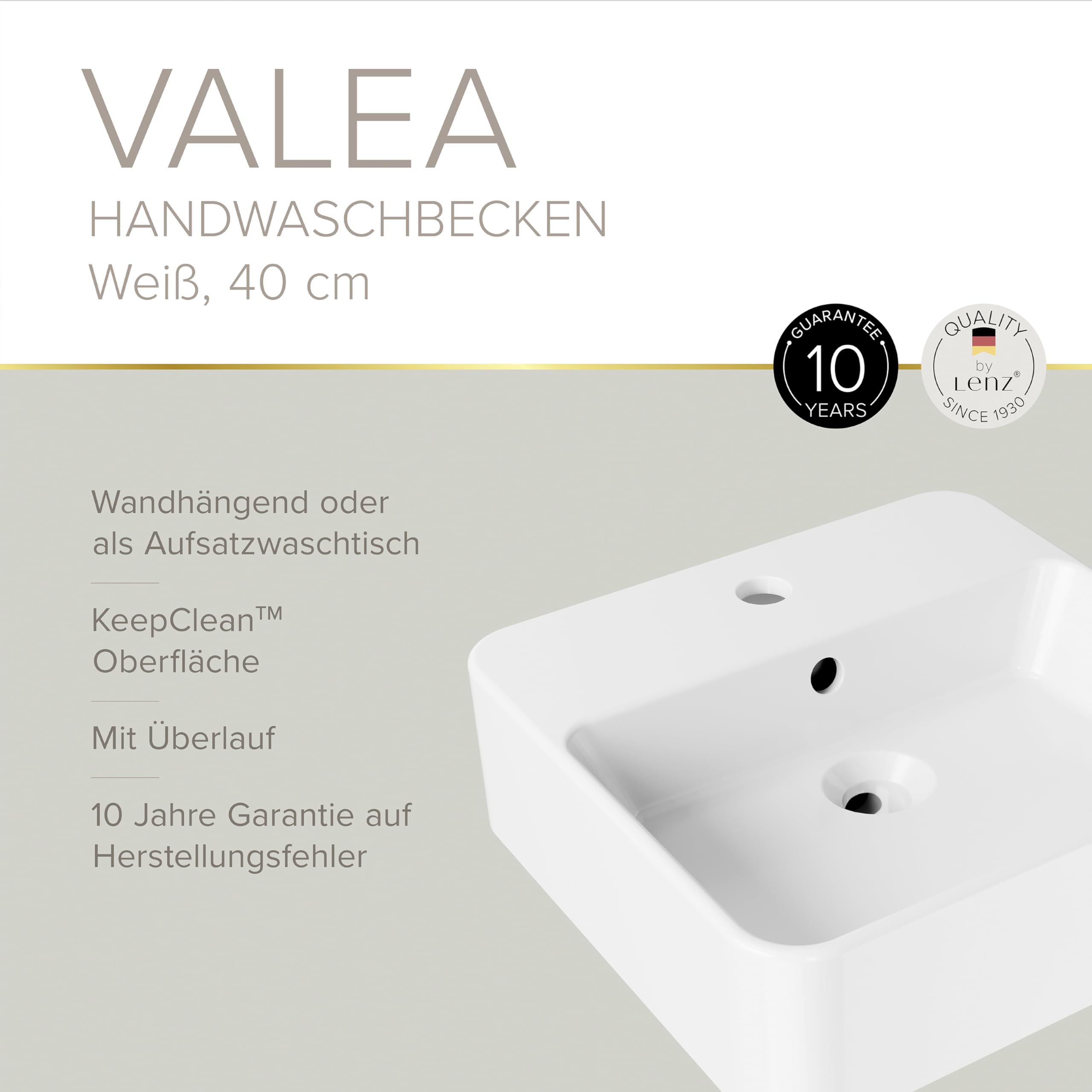 Lenz Handwaschbecken VALEA für Gäste-WCs und kleine Bäder – 40 cm x 38,5 cm – Wandhängend oder als Aufsatzwaschtisch – Superglatte KeepClean Oberfläche – Mit Überlauf, Weiß, 41010161