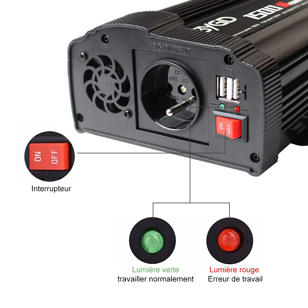 BYGD 1500W Convertisseur de Tension, 12V 220V 230V Onduleur de Voiture