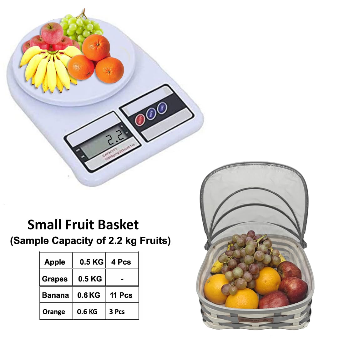 SSaffron Décor Fruit Basket for Dining Table with Lid & Net Cover | Fruits Storage Basket with Net to Protect from Dust, Mosquitoes & Fruit Flies, great gifting option Size : Small (Colour Grey-White) 2
