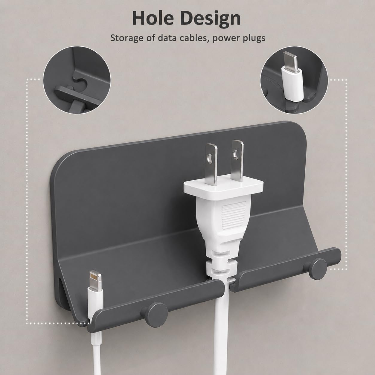 D2 - Soporte de pared para teléfono, manos libres, con adhesivo y agujero de recepción de cable de datos para ducha, carga, RV, compatible con iPhone, cables de smartphone, llaves y más (gris)