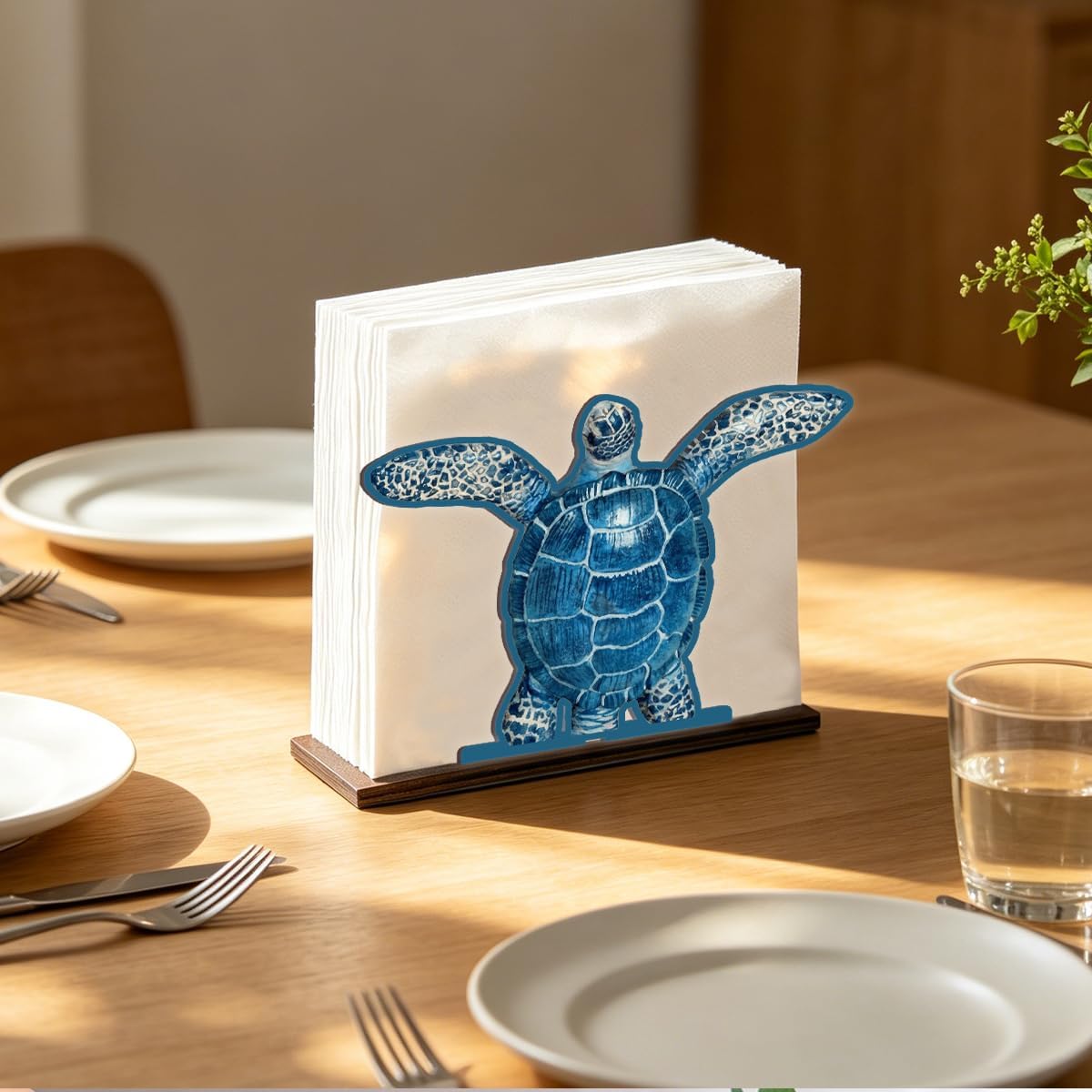 Sea Turtle Napkin Holder for Table - Wooden Coastal Decor - Ocean Theme Tissue Holder for Kitchen Dining Room Restaurant Tissue Dispenser
