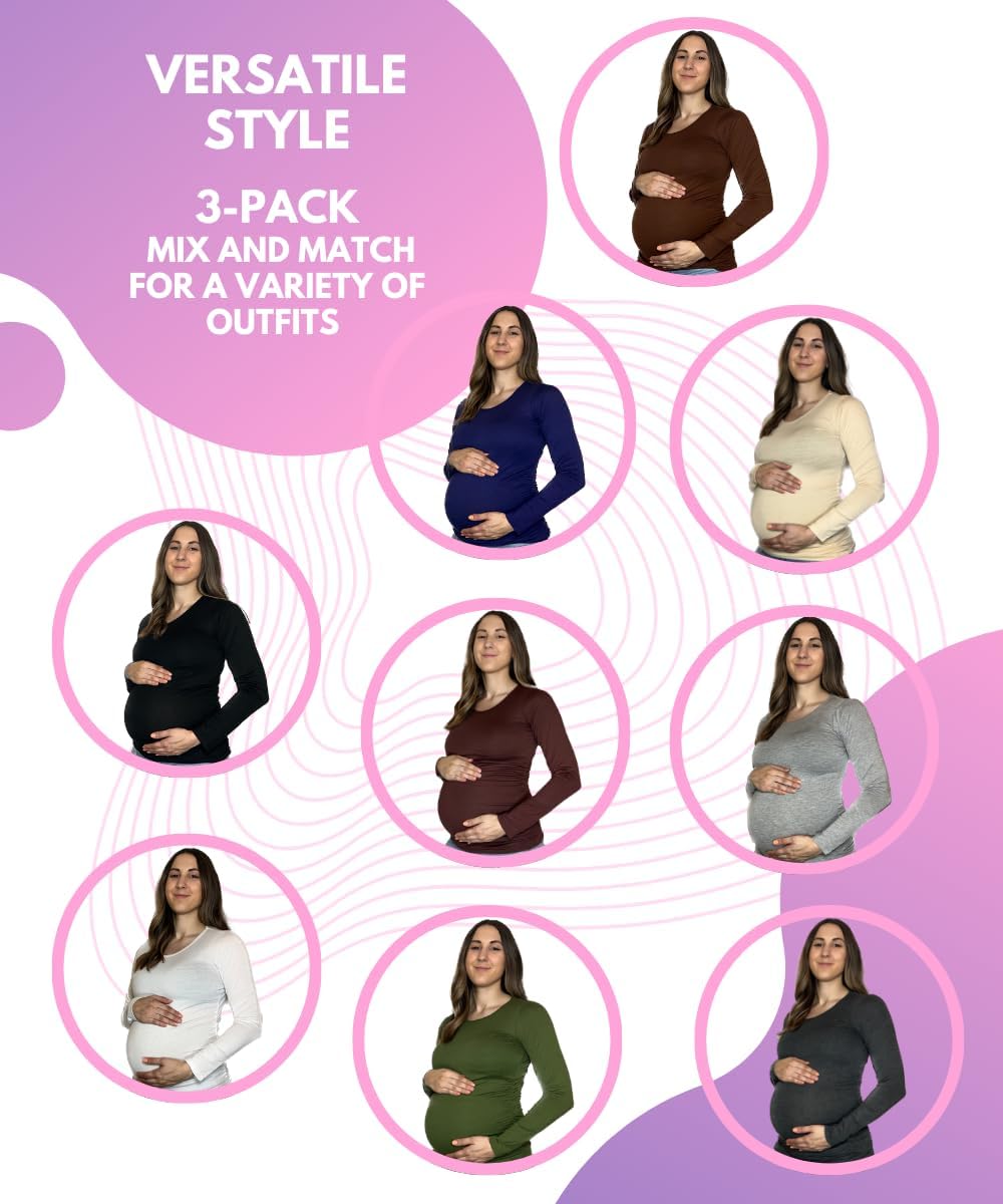 MISS POPULAR Womens 3 Pack Maternity Long Sleeve Shirts Assorted Styles and Colors Ruched Side Cozy Pregnancy Tops