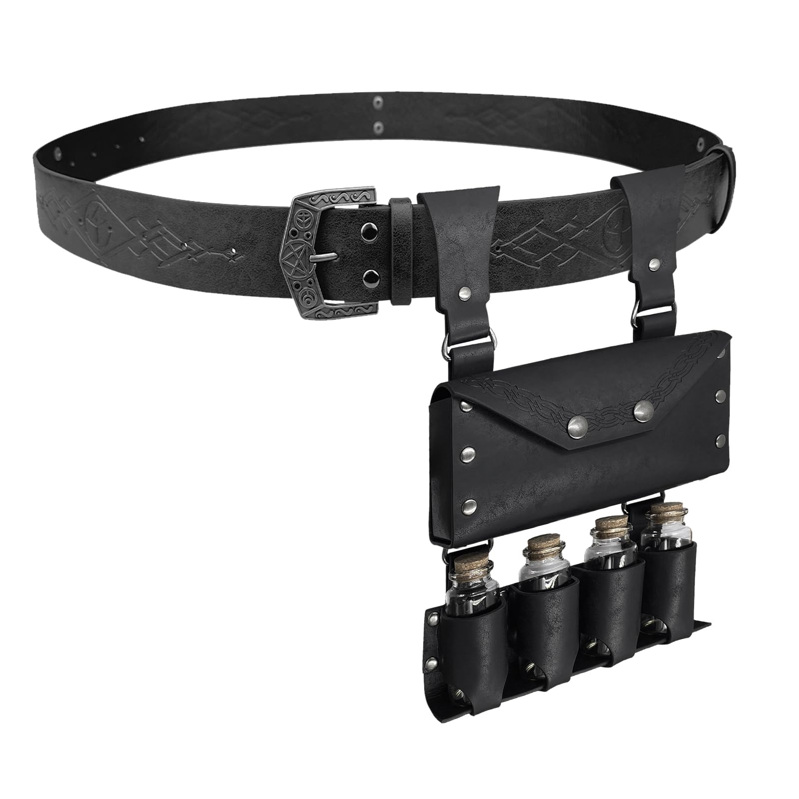 EpicCos 2PCs Magic Alchemy Belt Set, Vintage Embossed Belt with 4 Cork Potion Bottles for LARP (Black)