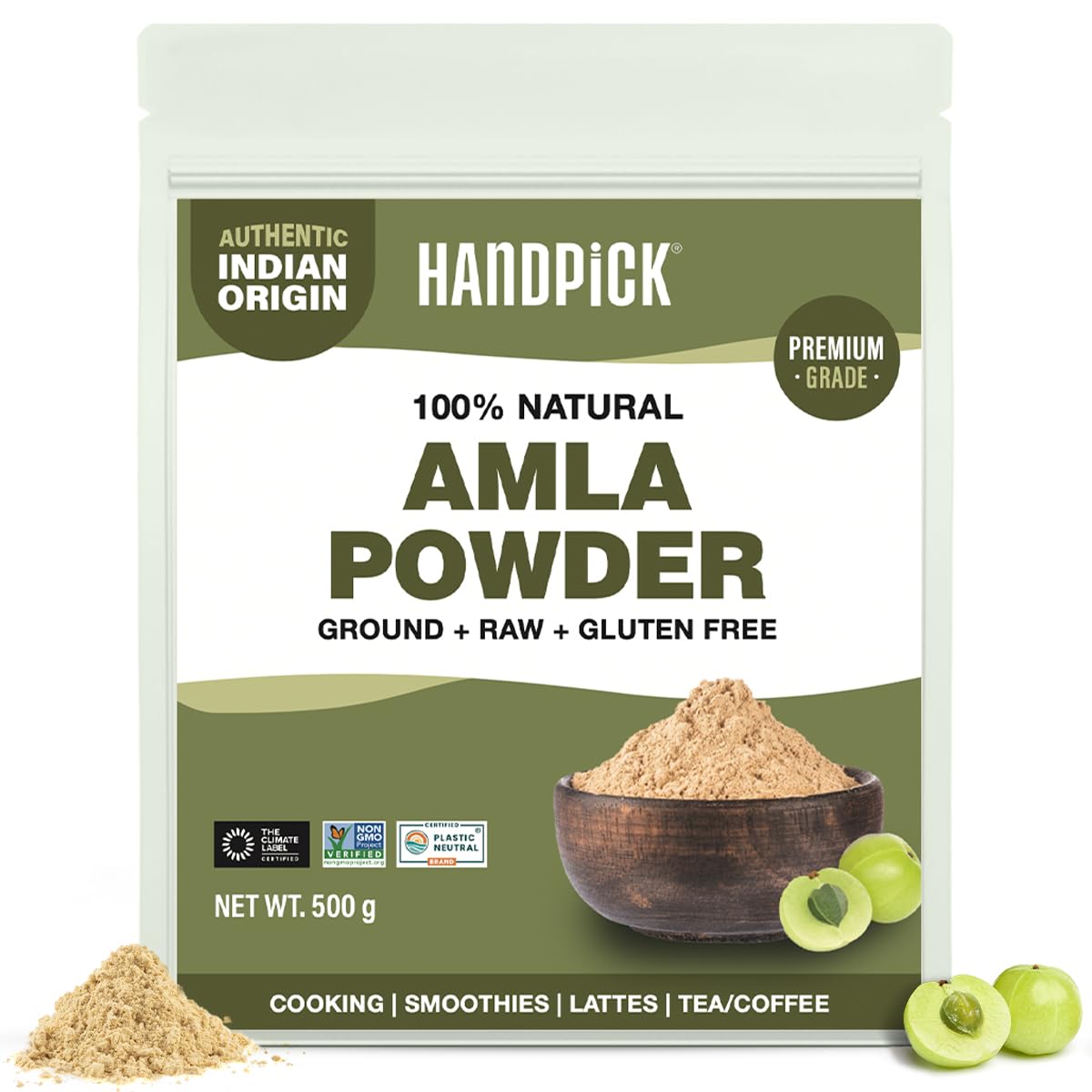 HANDPICK, Amla Powder (500g/17oz) Amalaki | Raw Amla Powder from India | Resealable Zip Lock Pouch, Indian Gooseberry Powder | Perfect for Cooking, Smoothies, Latte & Tea