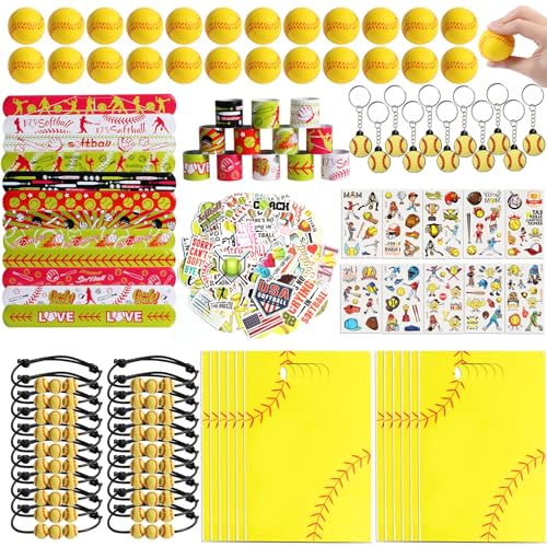 Kolewo4ever 294 Pieces Softball Party Favors Softball Themed Birthday Gift Goodie Bags Party Faovrs 24 Set Mini Foam Stress Balls,Slap Bracelet, Keychain, Charm Bracelets (Softball)