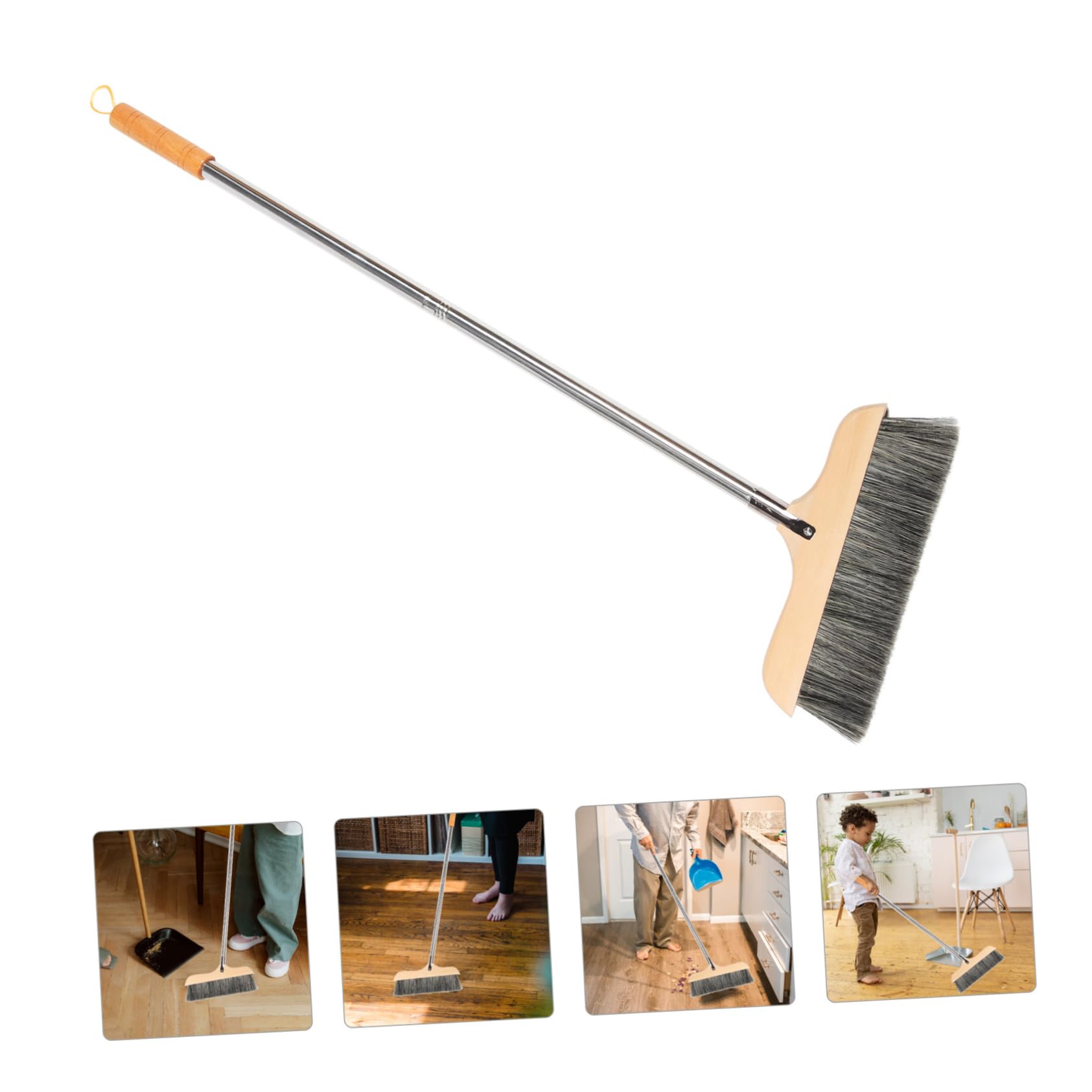 Ipetboom Natural Bristle Broom Wooden Handle Soft Bristle Brush for Carpet Tile Static-Resistant