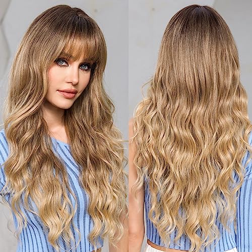EMMOR Ombre Ash Blonde Wigs for Women Highlight Color Wigs with Bangs Long Curly Heat Resistant Fiber Synthetic Wig Daily Natural looking