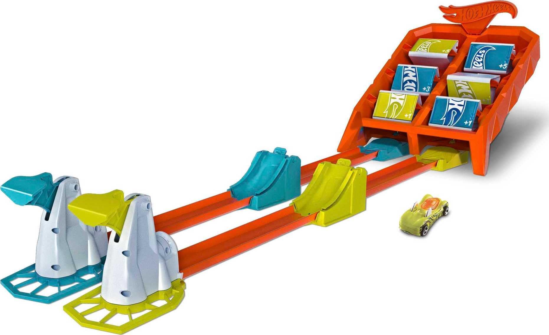 Toy Car Track Set, Action Launch Across Challenge with 1:64 Scale Vehicle, Game-Style Competition, Single- or Multi-Player