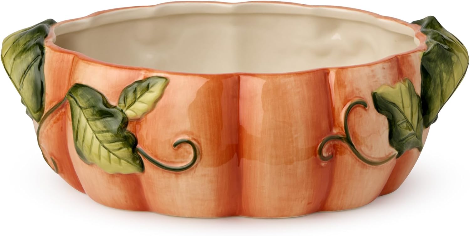 Harvest Fields 3D Pumpkin Shallow Serving Bowl – 10” x 7” Ceramic Farmhouse Bowl for Fall Side Dishes, Salads & Holiday Feasts – 32oz Capacity – Perfect for Thanksgiving & Autumn Entertaining - Thumbnail 2