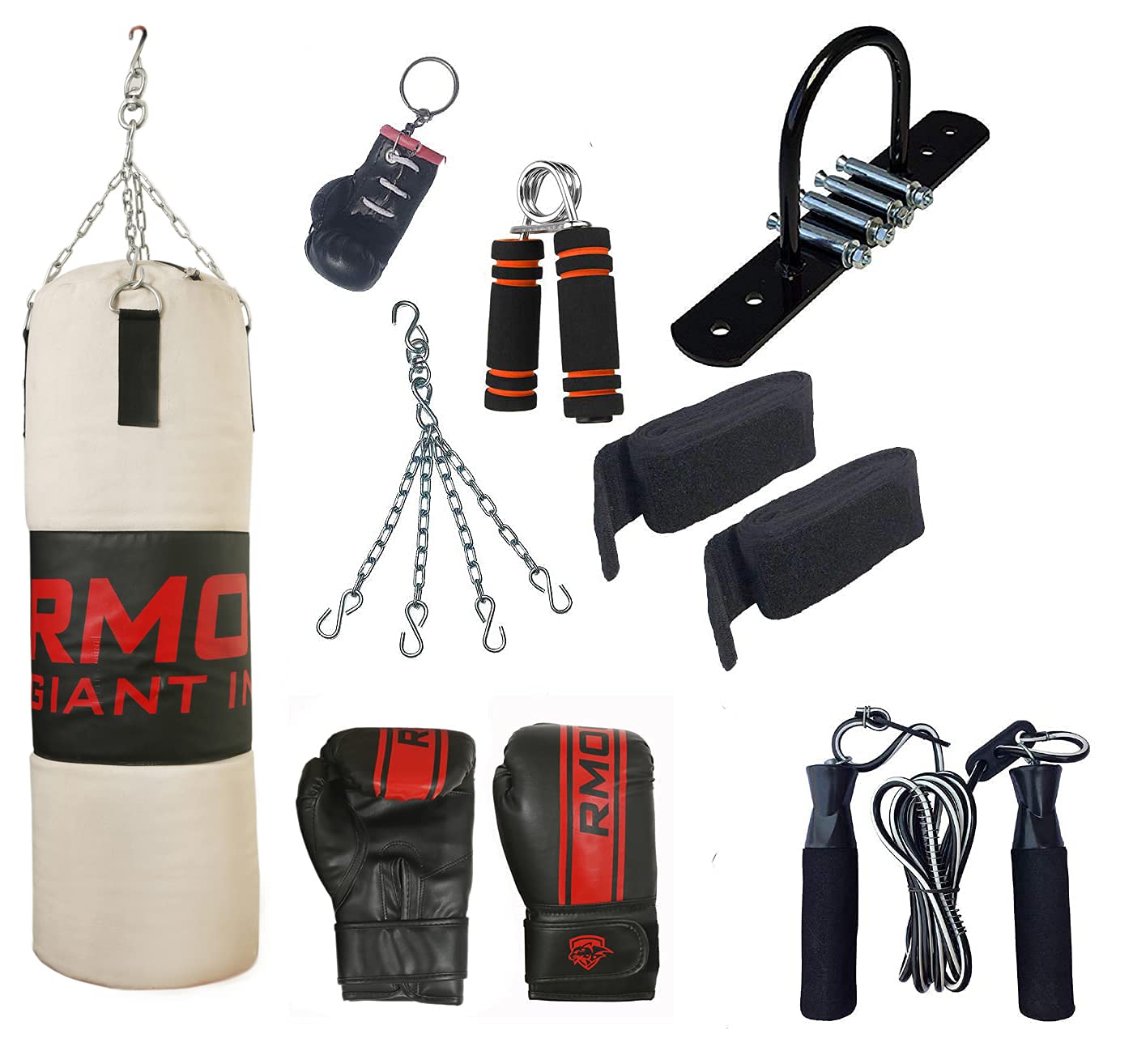IWIN RMOUR 9 Piece Combo Unfilled Heavy Canvas Punch Bag, Punching Bag with Hanging Chain, Boxing Gloves, Ceiling Hook, Hand Wraps, Skipping Rope, Boxing Chain Keyring & Hand Gripper (Size 2 Ft)