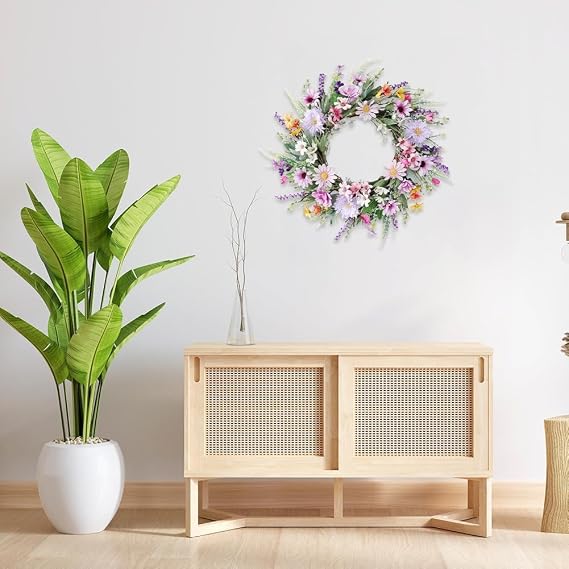 Spring Wildflower Wreath for Front Door,45cm Artificial Flower Wreaths with Colorful Daisy Flowers,Lavenders and Leaves,Silk Summer Lavender Daisy Floral Wreaths for Spring Summer Decor