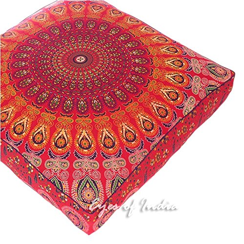 Eyes Of India - 35" Red Large Oversized Mandala Square Floor Meditation Pillow Cover Pouf Cushion Seating Hippie Colorful Decorative Bohemian Accent Boho Chic Dog Bed Indian Handmade *Cover Only* #TOP5