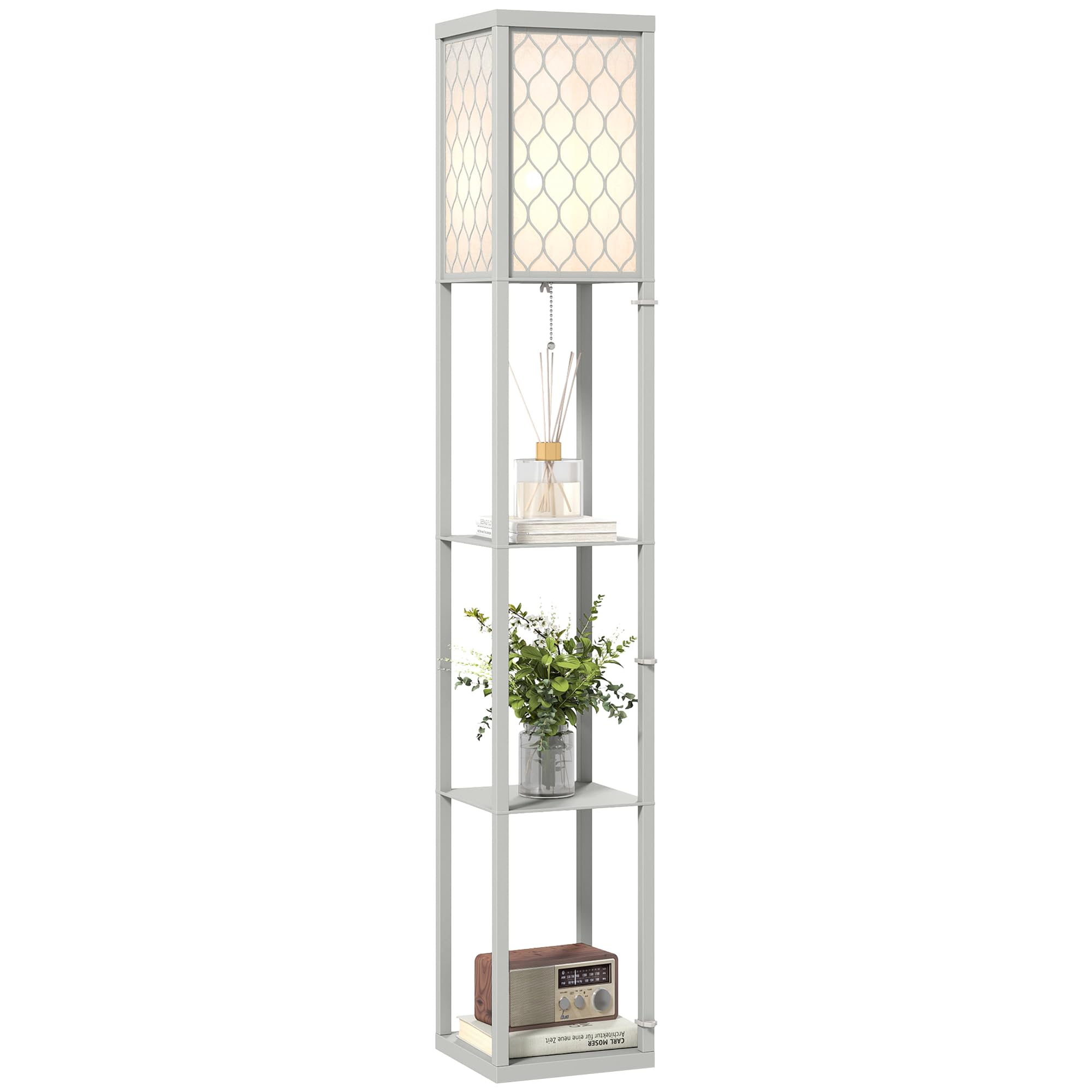 HOMCOM Modern Shelf Floor Lamp Light with Three Open Shelves Large Storage Display, for Living Room, 160cm, Bulb not Included, Light Grey