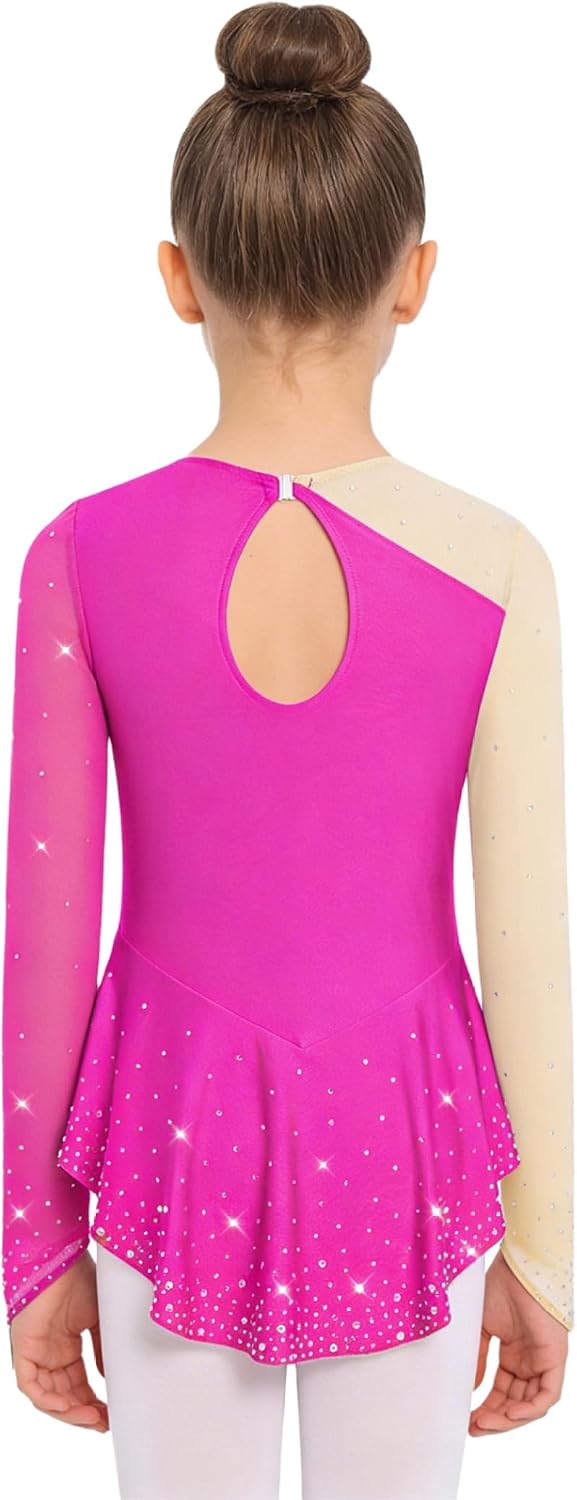 Kids Girls Figure Skating Dress Long Sleeve Shiny Rhinestones Asymmetrical Skirted Leotard Dance Dress