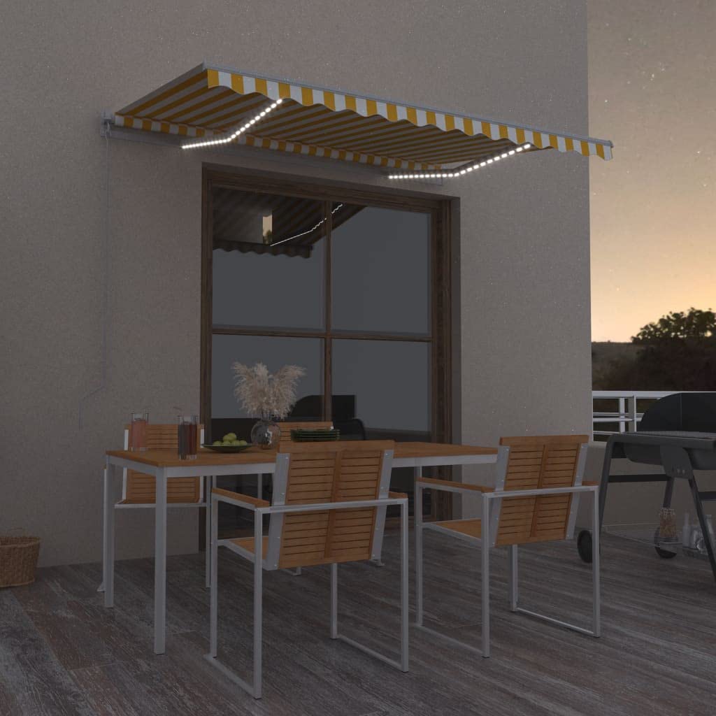 Braccio articolato retrattile, adatto per giardino, veranda, pergolato, prato, balcone, terrazza, tenda da sole, con LED 300 x 250 cm, giallo e bianco