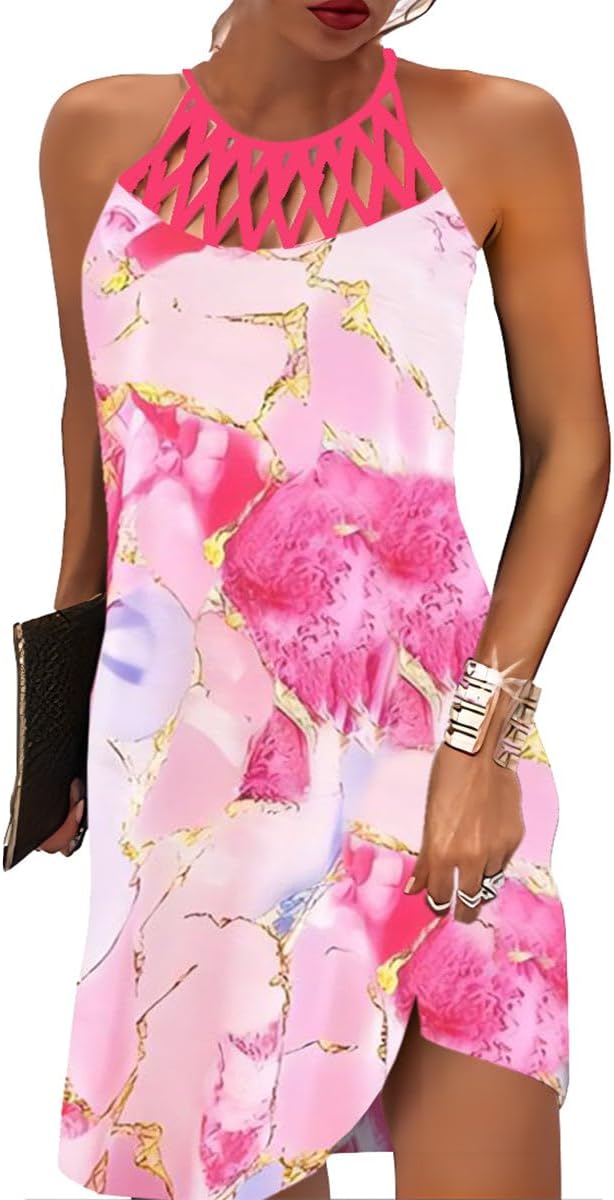BIRW Summer Dresses for Women 2025 Casual Floral Halter Neck A-line Beach Vacation Sundresses with Pockets