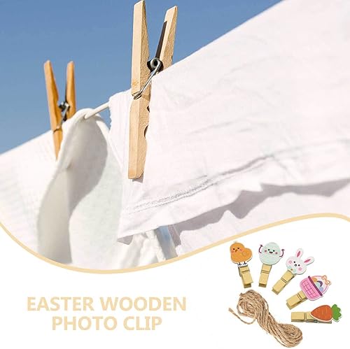 Miniatura 3 de ABOOFAN 40 mini pinzas de madera para la ropa, conejito de Pascua, zanahoria, pollo, pinzas de madera con cordel de yute, clips de fotos, clips de