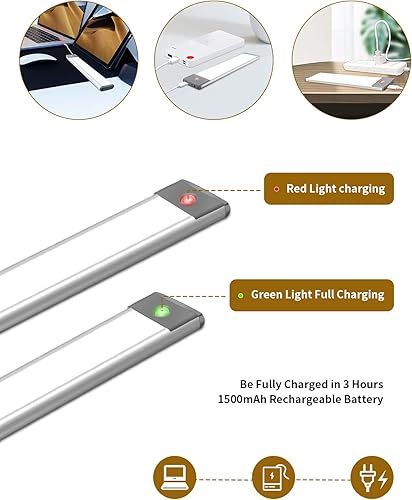 Miniatura 3 de LYOUWEI Luces de armario con sensor de movimiento, 30 luces LED debajo del gabinete, iluminación inalámbrica recargable por USB, funciona con pilas,