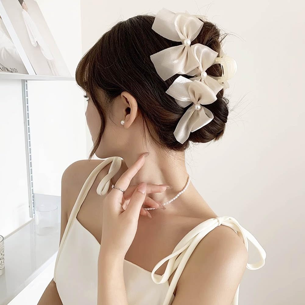 2 PCS Big Bow Hair Claw Clips for Thick Hair for Women Pearl Non Slip Large Bow Hair Claw Hair Accessories for Women Girls - Image 3