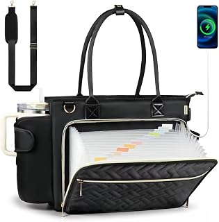 Veirdro Large Teacher Work Tote Bag for Women, 15.6 Inch Laptop Bag with Accordion File Pocket, Side Cup Holder& USB Charging Port, Multi Compartment Utility Bag for Classroom Office Nurse (Black)