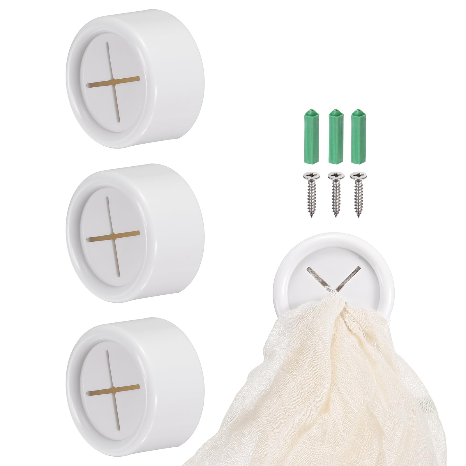 sourcing map 3 Pcs Push Towel Hooks, Round Adhesive Dish Towel Hook with Wall Plug Wall Mount Hand Towel Holder for Kitchen, Bathroom, Hand and Dish Towels, White