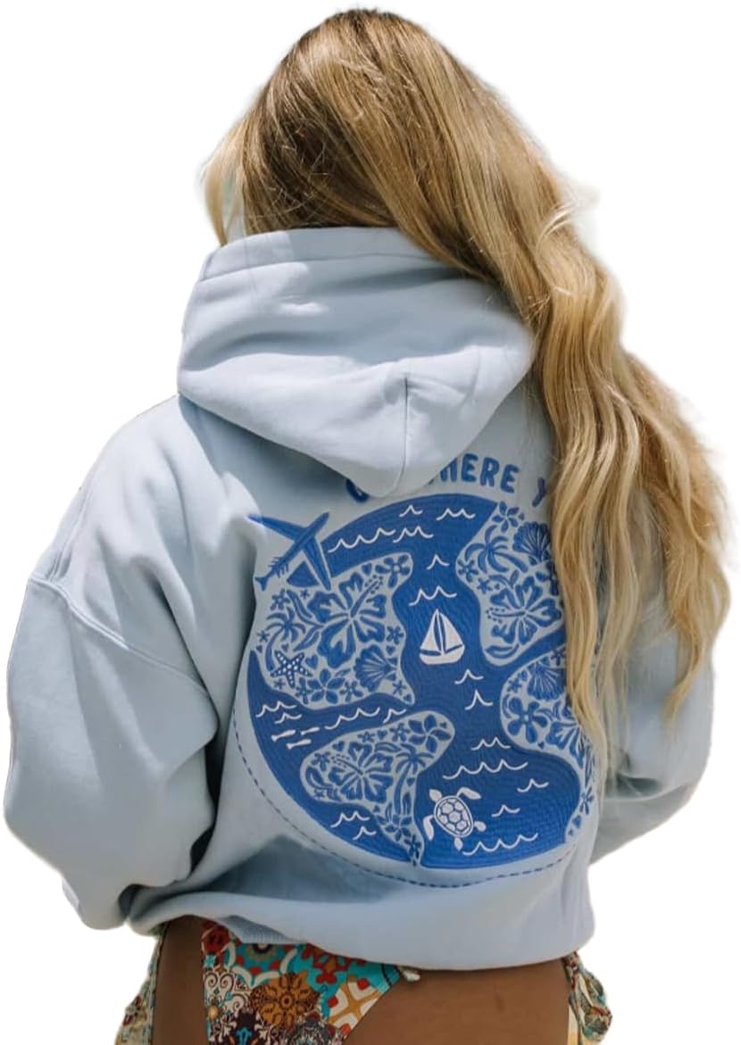 Amiblvowa Y2k Cute Hoodies for Teen Girls Women Hibiscus Flower Embroidered Fashion Sweatshirts Coastal Preppy Beach