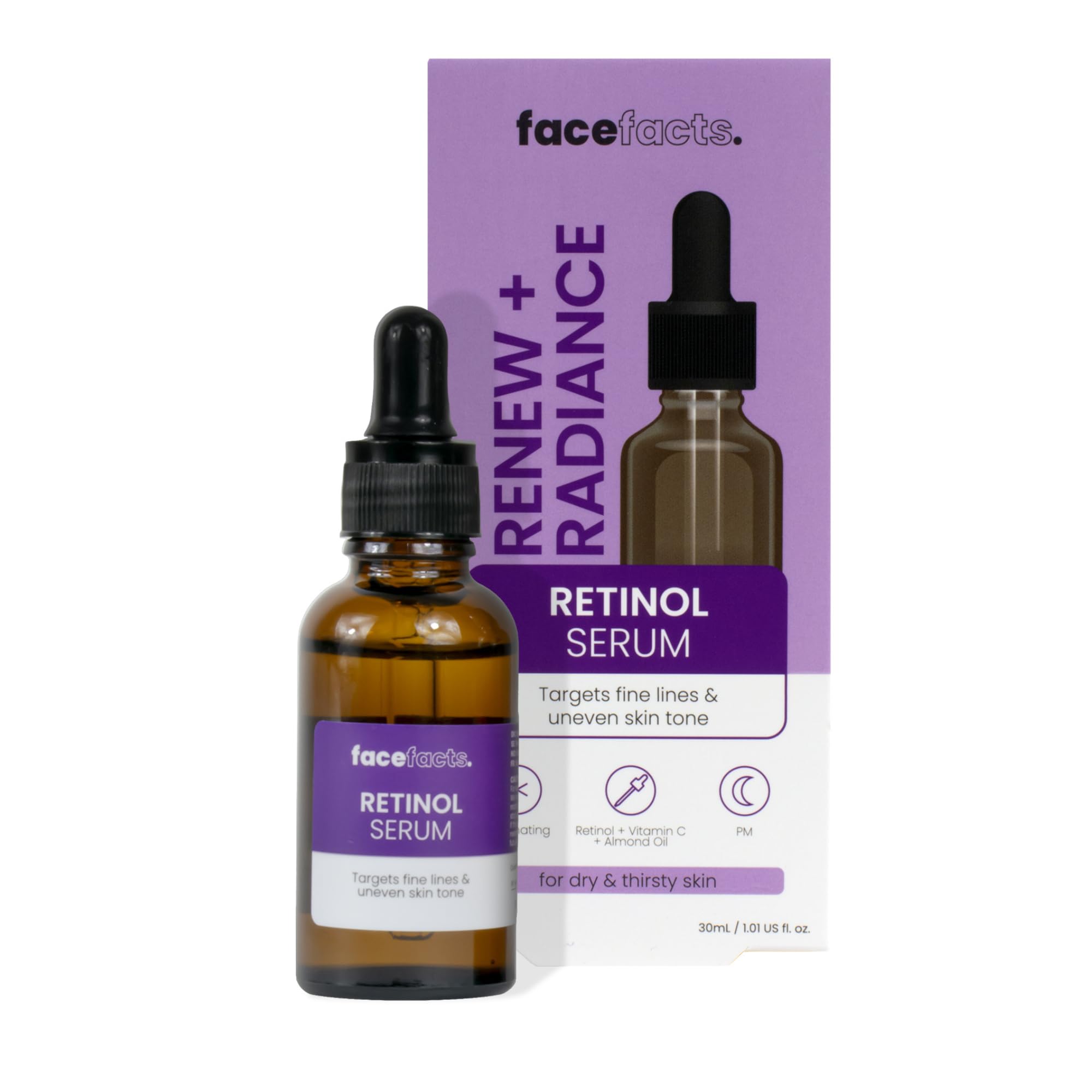 Face FactsRenewing Facial Night Serum; Gentle level retinol (vitamin A), hydrating rice protein and brightening Vitamin C, renews and illuminates; Targets fine lines and uneven skin tone 30ml