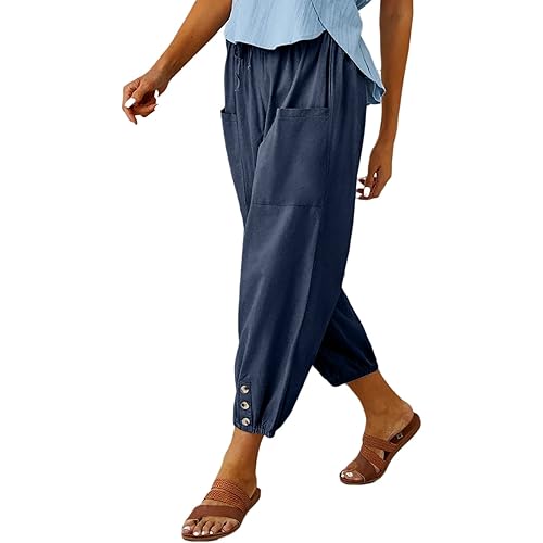 Women's Casual Lantern Tapered Harem Pants Loose Fit Style Flax Ankle Trousers Summer Baggy Slacks with Pocket
