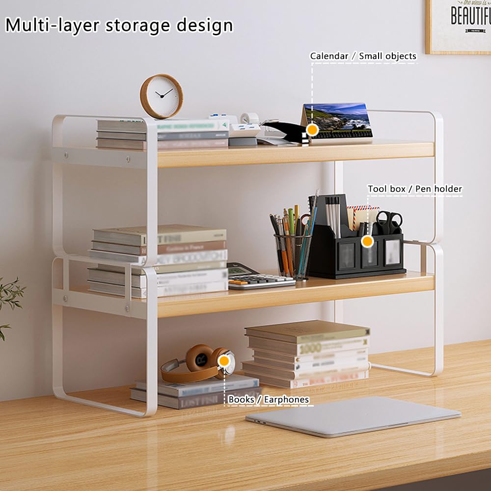 Hggzeg Étagère de bureau en bois à 2 niveaux multi-usages pour le stockage à la maison, au bureau, à l'école (blanc + tronc)