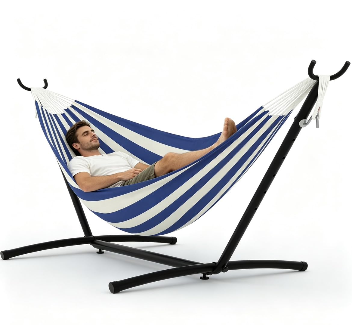 450Lbs Hammock with Stand for Outdoor, Portable Polyester-Cotton Double Hammock with Iron Frame, Storage Bag for Garden, Indoor, Patio, Yard, Blue & White Stripes